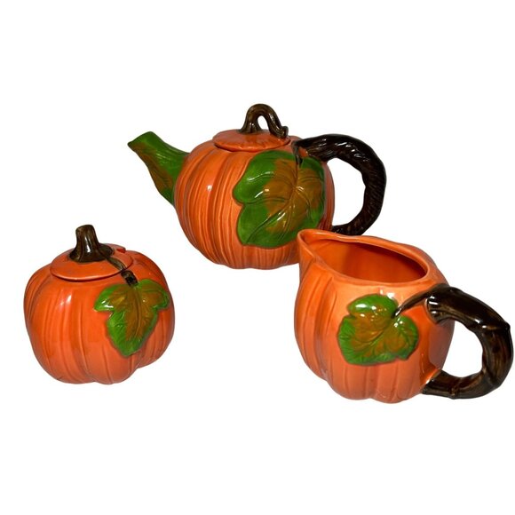 Vintage 90's Pumpkin Tea Pot Creamer Sugar Thanksgiving Decor Made in Taiwan - Picture 1 of 12